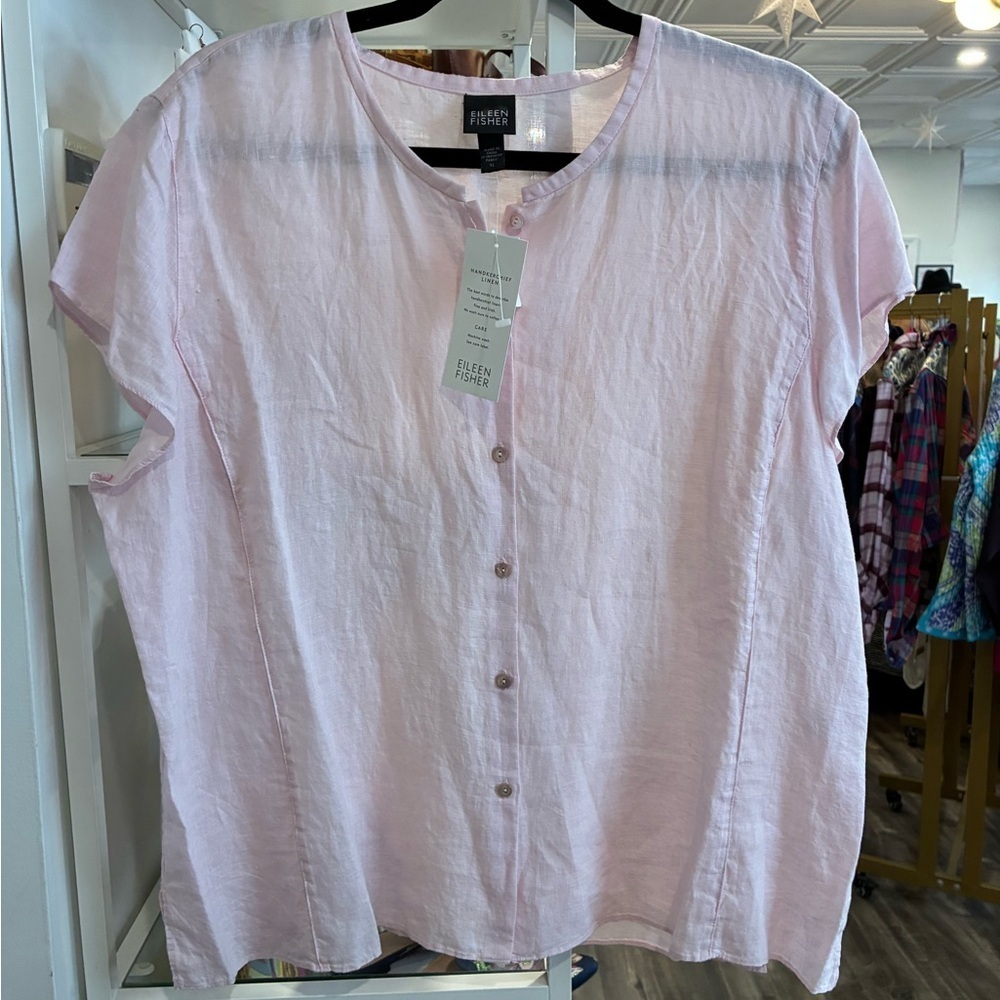 Eileen Fisher baby pink handkerchief linen short sleeve blouse XL NWT